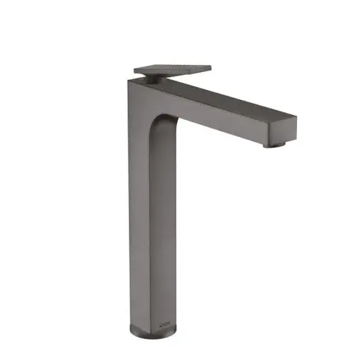 Ein AXOR-Waschtischmischer mit einem vertikalen, rechteckigen Korpus und einem Hebelgriff, in der Oberfläche Brushed Black Chrome, für Aufsatzwaschtische.
